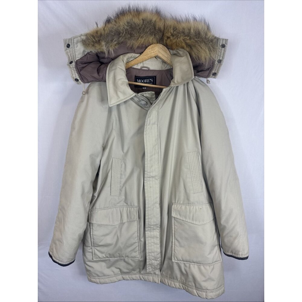 Vintage Moores Down Parka Jacket Mens 44 Beige Fur Hood Winter Coat Deep Cold